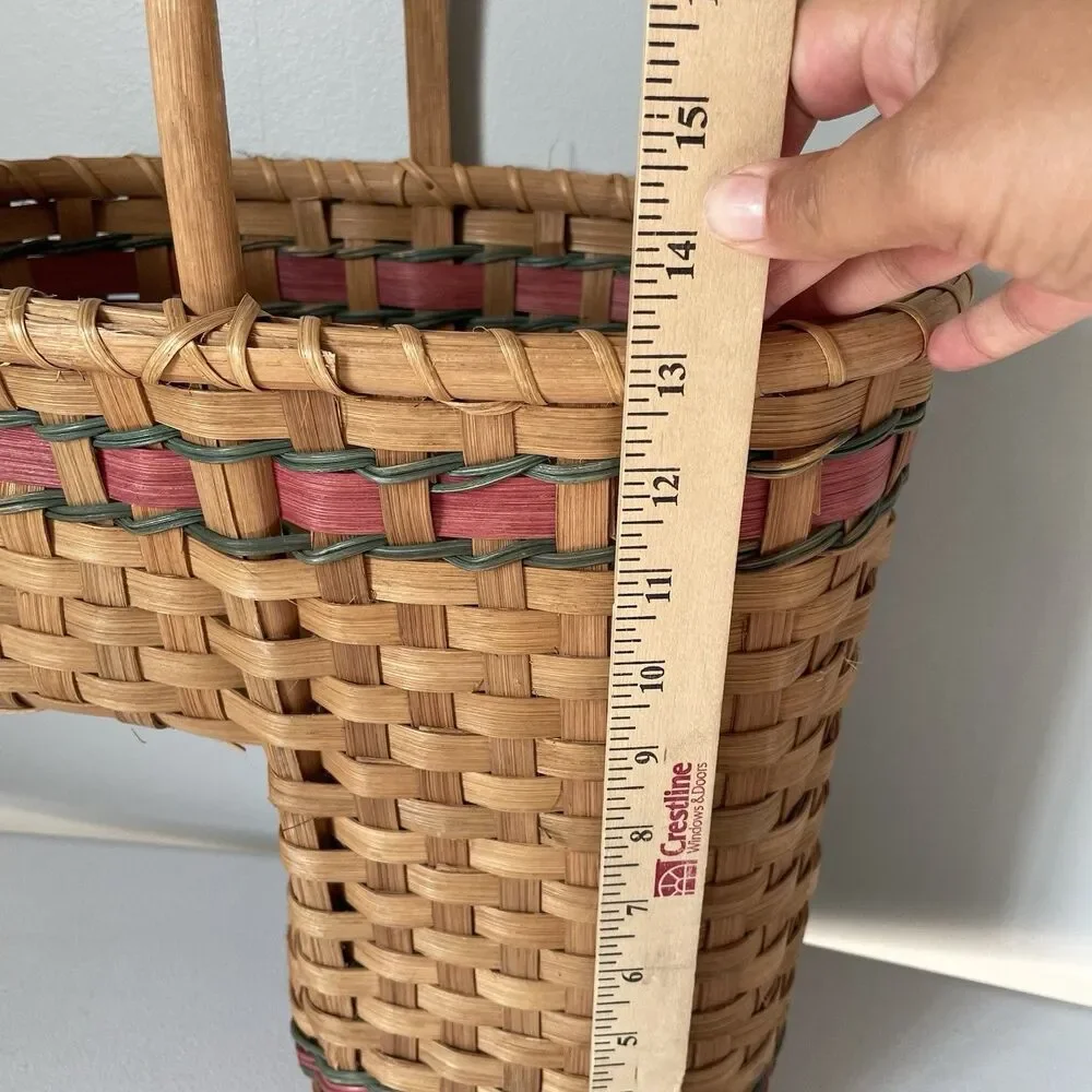 Vintage Rustic Country Woven Stair Basket Cottagecore Tan Red Green 13' x 14'